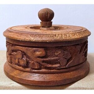 Vintage Indian Hand Carved Sheesham Wood Round Trinket Box Lid Stash Jar Floral